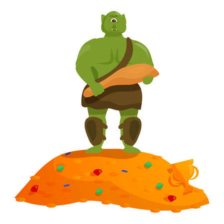 Green monster standing on a pile of gold and holding a club, guarding his treasureのイラスト素材