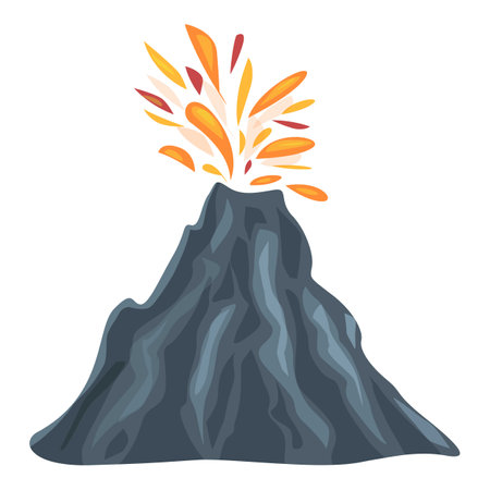 Cartoon style illustration of a volcano erupting, with molten lava spewing from its craterのイラスト素材