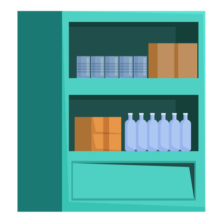 Green metal storage shelf organizing canned food, drinking water in bottles, and cardboard boxesのイラスト素材