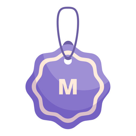 Purple medium size clothing tag is hanging with string, perfect for illustrating size optionsのイラスト素材