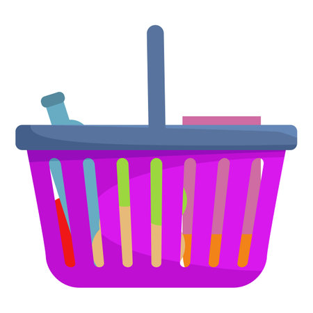 Purple shopping basket with a handle, holding various groceries including a bottle and boxesのイラスト素材