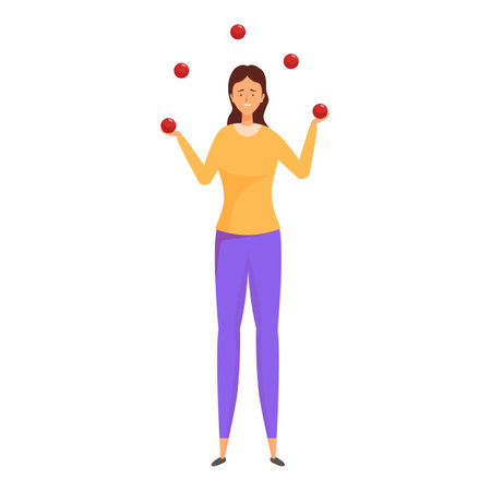Young woman is juggling five red balls, representing the concept of multitaskingのイラスト素材