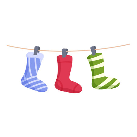 Christmas concept with three colorful socks hanging on a clotheslineのイラスト素材