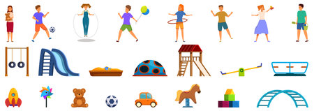 Children play playground icons set. Kids playing with different toys and playground equipment having fun togetherのイラスト素材