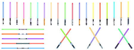Light saber icons set. Set of colorful laser swords, some crossed, are isolated on a white background, suggesting futuristic combat and fantasyのイラスト素材