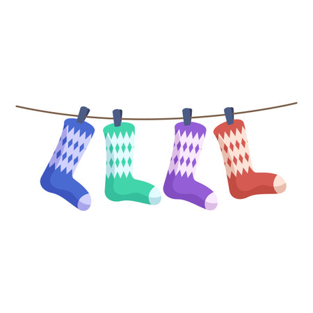 Four colorful socks with rhombus pattern hanging on clothesline after laundryのイラスト素材