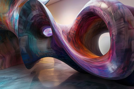 Abstract and colorful modern sculpture forming a tunnel in an art galleryの素材