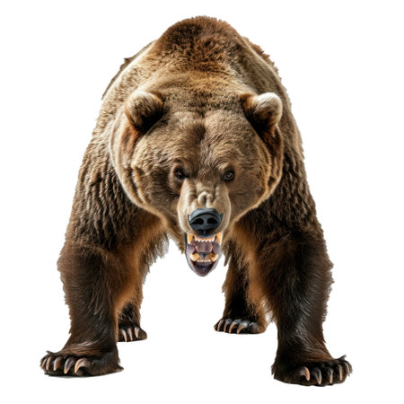 Fierce brown bear growling with an open mouth, isolated on a checkered backgroundの素材