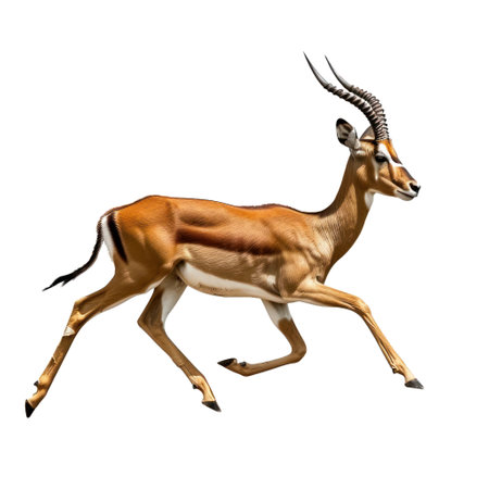 Digitally rendered image of a swift impala in mid run, isolated on a transparent grid backgroundの素材