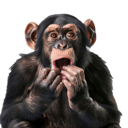 Detailed image of a chimpanzee with a shocked expression, isolated on a transparent backdropの素材