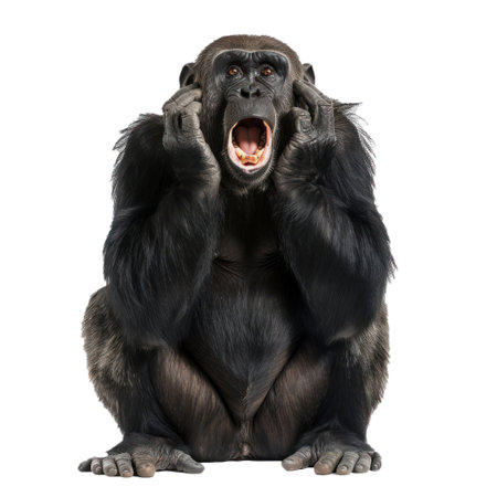 Enraged chimpanzee with mouth open in a roar, isolated on a transparent backgroundの素材