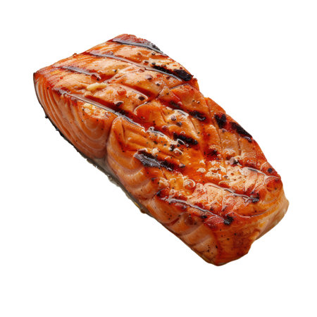High quality image of a seasoned grilled salmon fillet with grill marks, isolated on a transparent backgroundの素材