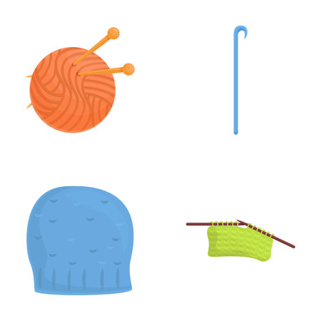 Knitting icons set cartoon vector. Knitting tool and colorful yarn. Handicraft accessory, hobbyのイラスト素材