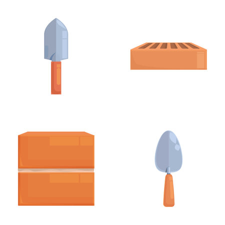 Bricklayer instrument icons set cartoon vector. Various trowel and brick. Construction equipmentのイラスト素材