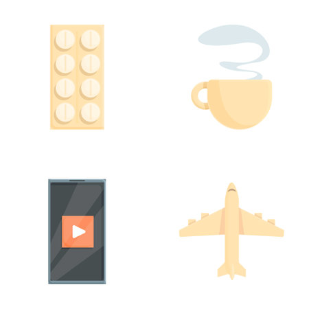 Insomnia reason icons set cartoon vector. Coffee, air travel, gadget and medicine. Sleeping problemのイラスト素材