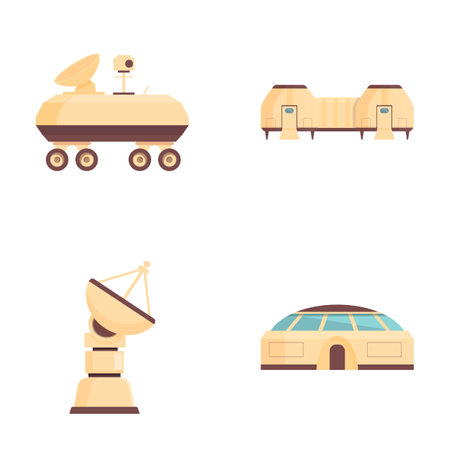 Collection of vector illustrations featuring a satellite truck, mobile antennas, and a satellite dishのイラスト素材