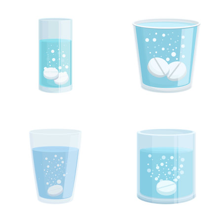Vector graphic showing four stages of effervescent tablets dissolving in water glassesのイラスト素材