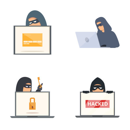 Set of four flat design illustrations depicting hackers with laptops and security symbolsのイラスト素材
