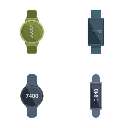 Illustration featuring four different styles of digital smartwatches with various displaysのイラスト素材