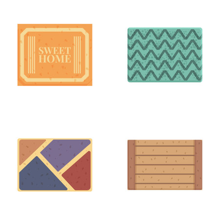 Collection of four colorful, illustrated doormats with various designsのイラスト素材