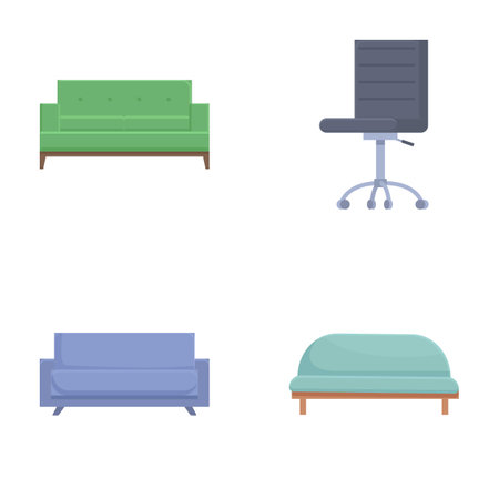 Vector illustrations of a green sofa, office chair, blue couch, and bedのイラスト素材