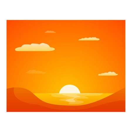 Minimalist illustration of the sun setting over the sea, with an orange sky and clouds reflecting on the waterのイラスト素材