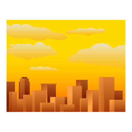 City skyline with skyscrapers at sunset, with a bright yellow sky and stylized cloudsのイラスト素材