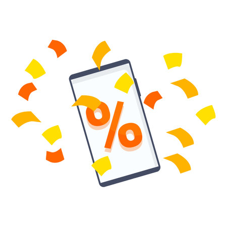 Smartphone is showing discount percentage and celebrating with confettiのイラスト素材