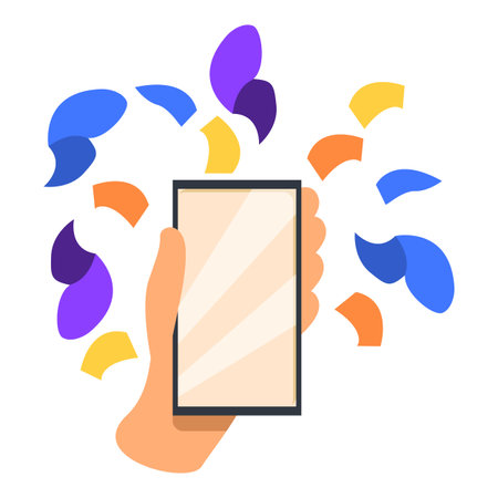 Hand holding a smartphone with colorful abstract shapes appearing from the screenのイラスト素材