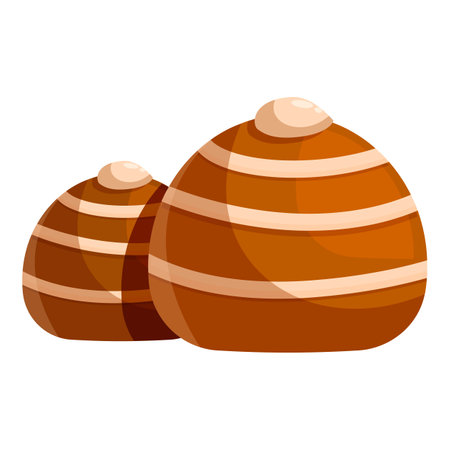 Two round chocolate candy with filling and stripes is laying on white backgroundのイラスト素材