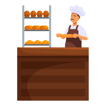 Baker preparing to put fresh bread on the counter in a bakery shopのイラスト素材
