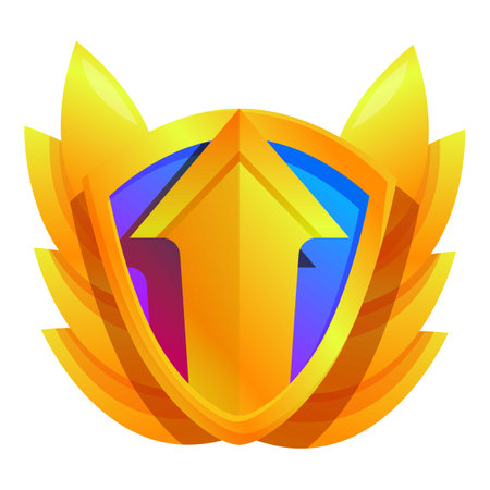 Golden shield with wings is protecting a golden arrow pointing upward, symbolizing security and growthのイラスト素材