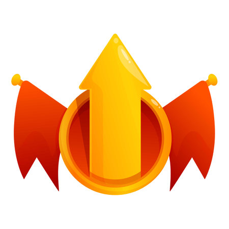 Golden arrow is pointing up surrounded by two red flags representing successのイラスト素材
