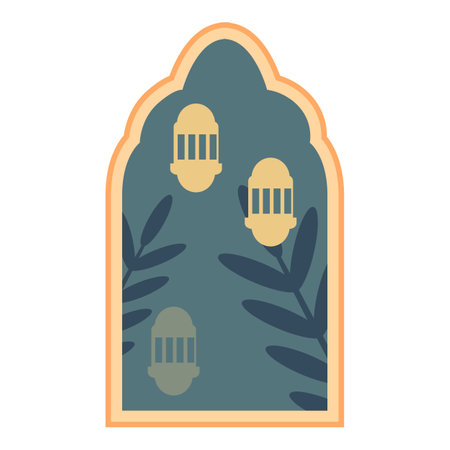 Arched window featuring golden lanterns hanging over green foliage, evoking a peaceful and exotic ambianceのイラスト素材