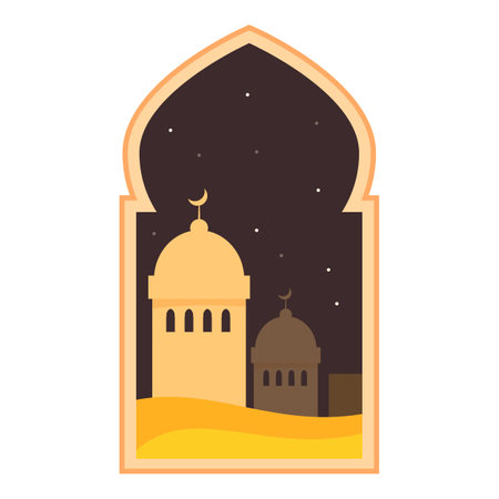 Illustration of an arabian window showing mosques in the desert at nightのイラスト素材