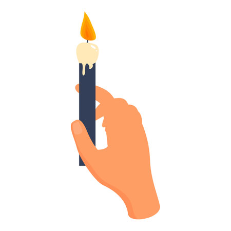 Hand is holding a tall burning candle with melted wax dripping down the sideのイラスト素材