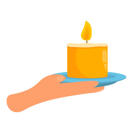 Hand holding a burning candle on a plate, symbolizing peace, relaxation, and spiritual practicesのイラスト素材