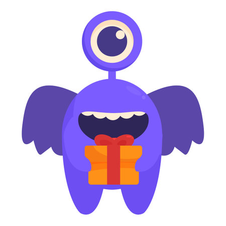 Cute, smiling, one eyed purple monster holding a gift boxのイラスト素材