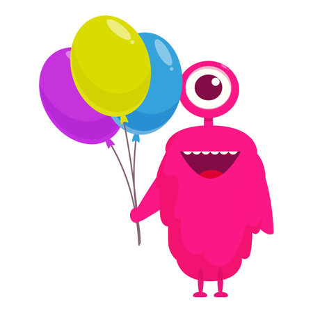 Happy pink cartoon monster holding three colorful balloons, smiling and ready to partyのイラスト素材