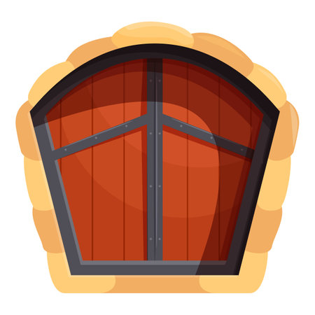 Sturdy wooden gate reinforced with metal, guarding the entrance to a castle or fortressのイラスト素材