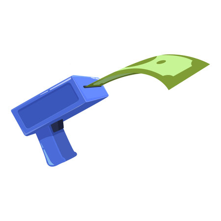 Blue money gun shooting a single cash banknote representing wealthのイラスト素材