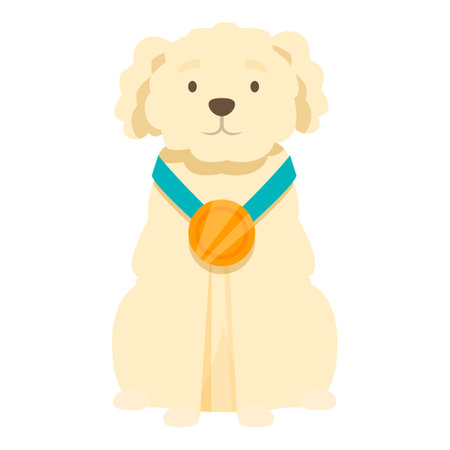 Cute poodle dog is sitting proudly, wearing a gold medal on a ribbon, showing its achievement and successのイラスト素材