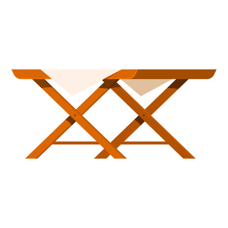 Wooden folding table covered with tablecloth, creating an inviting setting for outdoor dining, picnics, or eventsのイラスト素材