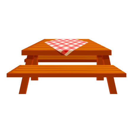 Wooden picnic table covered with red gingham tablecloth standing on a white backgroundのイラスト素材