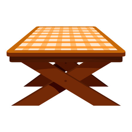 Wooden folding table with an orange checkered tablecloth covering the top, perfect for picnics or outdoor diningのイラスト素材
