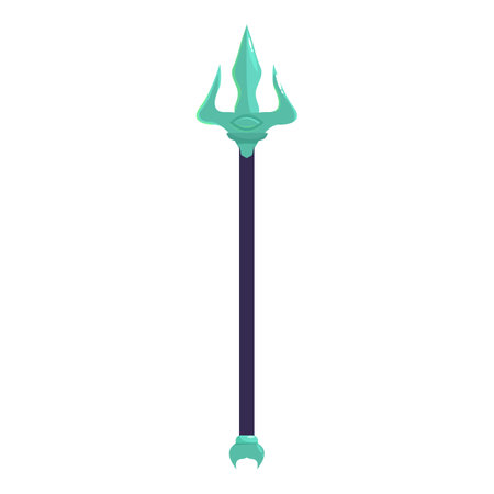 Magic staff with turquoise trident and eye on top is standing upright on white backgroundのイラスト素材