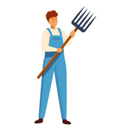 Smiling farmer holding a pitchfork, ready to work in the fieldsのイラスト素材