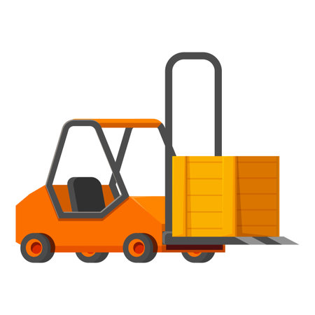 Cartoon style illustration of an orange forklift carrying a big wooden boxのイラスト素材