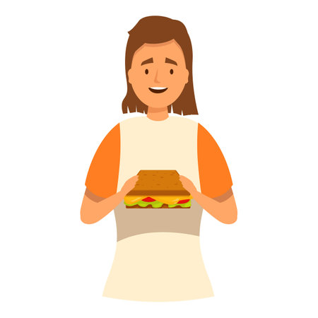 Happy woman wearing an apron holding a delicious toast sandwichのイラスト素材