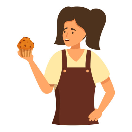 Young baker woman in her uniform is holding a freshly baked muffinのイラスト素材